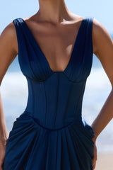 Navy Satin Corset Maxi Dress
