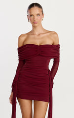 Coraline Mini Dress - Long Sleeve Off Shoulder Lurex Mesh Dress in Wine