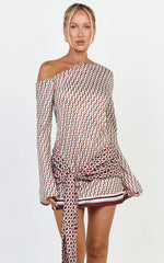 Noelle Mini Dress - Geo Print Off Shoulder Tie Front Dress in Geo Border Print
