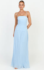 Ashlee Maxi Dress - Strapless Plisse Dropped Waist Split Leg Dress in Light Blue