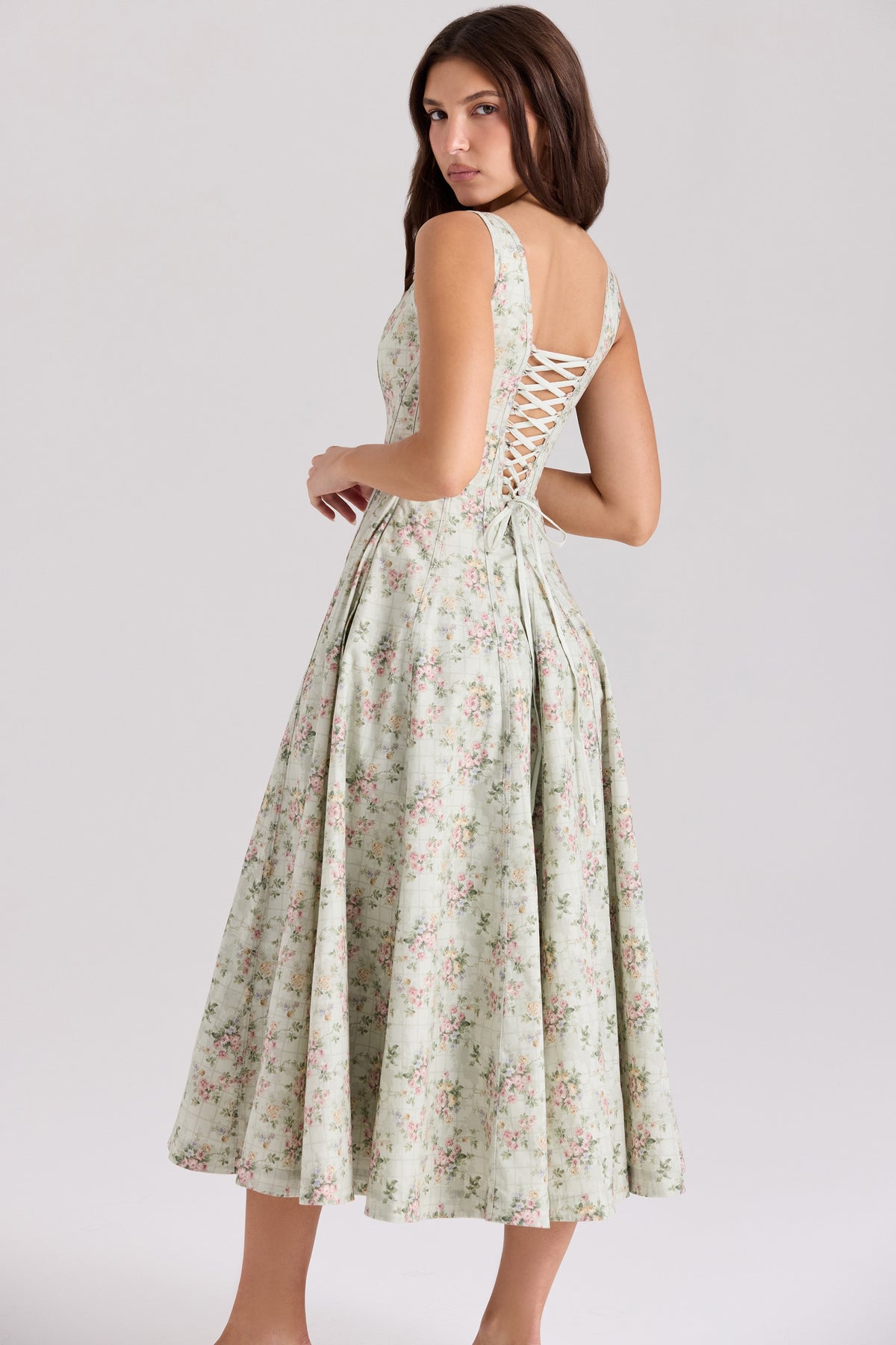 Sage Floral Print Cotton Midi Dress