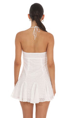 Embroidered Floral Flared Mini Dress in White
