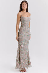Silver Embellished Beaded Corset Maxi Dress