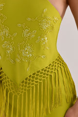 Chartreuse Satin Custom Embellished Fringed Maxi Dress - Limited Edition