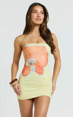 Aretta Mini Dress - Strappy Fitted Placement Mesh Print Dress in Orchid Print