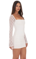Sheer Lace Ruched Long Sleeve Mini Dress in White