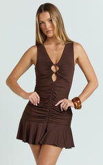 Reese Mini Dress - Key Hole Beaded Fit and Flare Dress in Chocolate