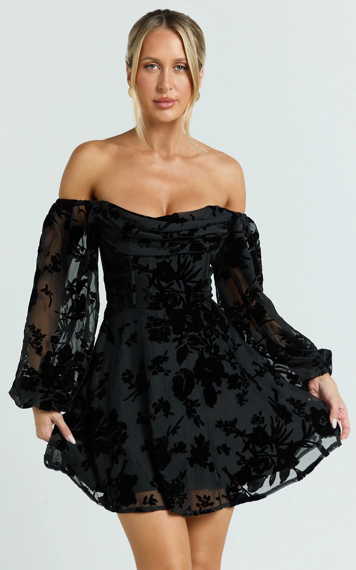 Jessell Mini Dress - Long Sleeve Cowl Corset Dress in Ebony Burnout
