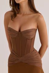 Bronze Shimmer Chiffon + Mesh Strapless Mini Dress