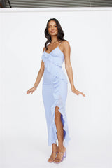 Flaunt It Girl Frill Mesh Maxi Dress Blue