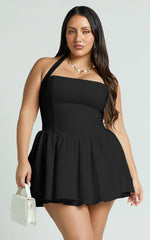 Helda Mini Dress - Halter Tie Neck Corset Panel Dress in Black