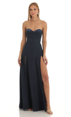 Sequin Bust Crepe Maxi Dress in Dark Blue