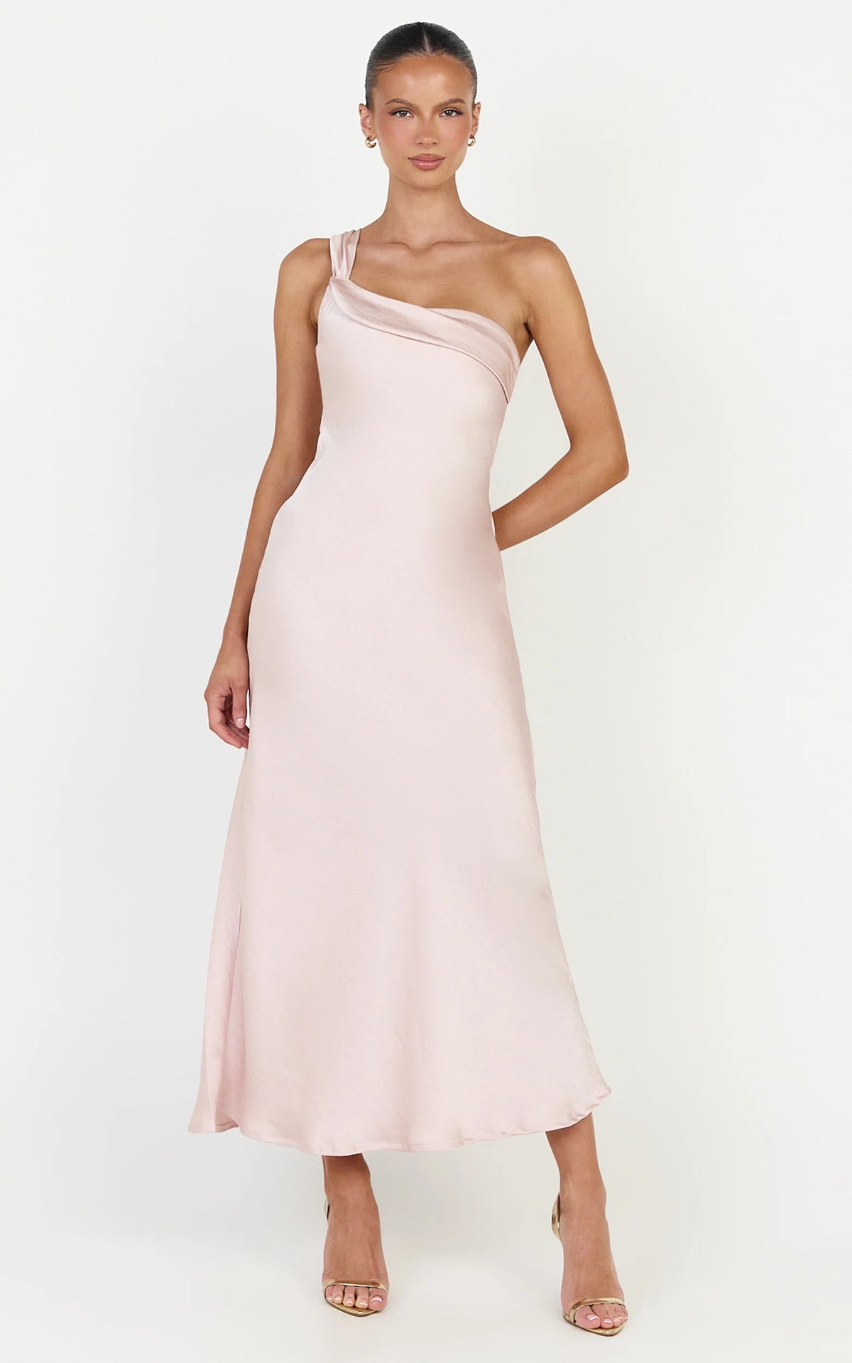 Calix Midi Dress - One Shoulder Slip Dress in Pink