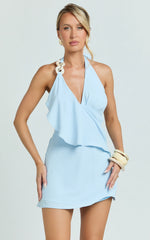 Faye Mini Dress - Halter Neck Chain Detail Draped Front Dress in Blue