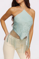 Jade Satin Custom Hand Embellished Halter Neck Top - Limited Edition