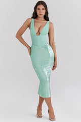 Seafoam Sequin Corset Midi Dress