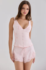 Crystal Pink Satin Custom Hand Beaded Embellished Lace Trim Mini Shorts