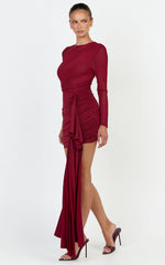 Jasmine Mini Dress - Long Sleeve Draped Skirt Overlay Dress in Wine