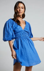 Amalie The Label - Khaila Linen Plunge Puff Sleeve Mini Linen Dress - In Blue