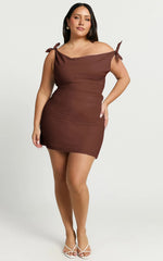 Jeofina Mini Dress - Off The Shoulder Linen Look Dress in Chocolate