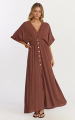 Sitting Pretty Maxi Dress - Short Sleeve Button Down Dress in Chocolate