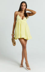 Jemima Mini Dress - Plunge Fit And Flare Dress in Lemon