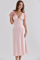 Pink Real Silk V-neck Midi Tea Dress