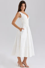 White Stretch Cotton Midi Sundress