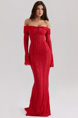Red Off Shoulder Floral Lace Maxi Dress