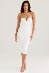 White Ribbed Knit Strapless Midi Dress