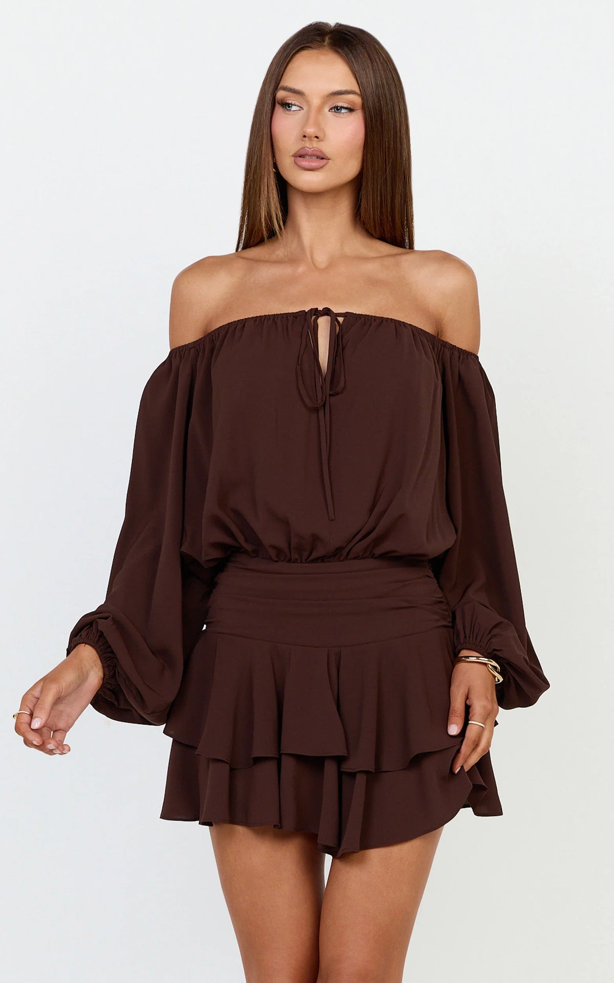 Sailor Mini Dress - Off Shoulder Ruffle Skirt Dress in Chocolate