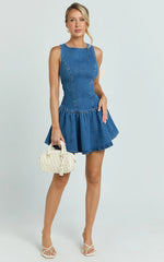 Vera Mini Dress - Boat Neck Drop Waist Fit And Flare Denim Dress in Mid Blue Wash