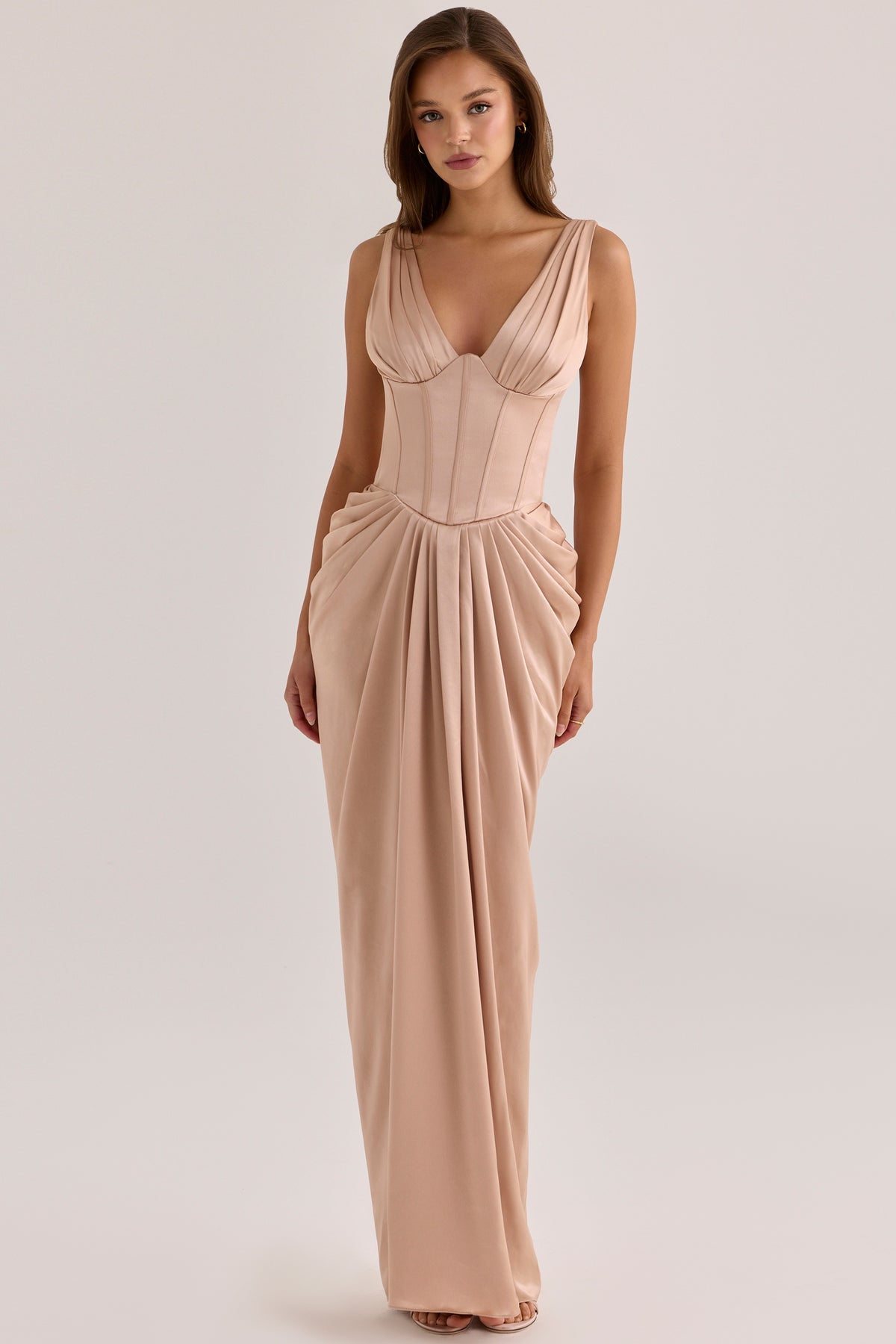Champagne Satin Corset Maxi Dress