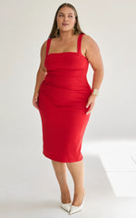 Tiffy Midi Dress - Square Neck Ruched Bodycon Dress in Scarlet