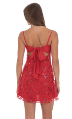 Sequin Embroidered Floral Babydoll Dress in Red