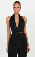 Tessie Top - Plisse Halter Neck Tie Back Top in Black