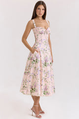 Pink Floral Corset Midi Dress