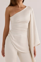 Oyster Satin One Sleeve Asymmetric Draped Top