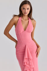 Raspberry Mesh Halter Neck Waterfall Maxi Dress