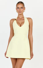 Leilani Mini Dress - Plunge Gold Hardware Fit and Flare Dress in Lemon