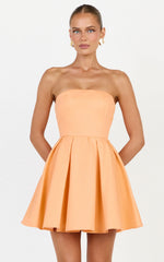 Avery Mini Dress - Strapless Fitted Bodice Full Pleated Skirt Dress in Orange