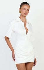 Leora Mini Dress - Button Front Draped Cowl Waist Dress in Off White