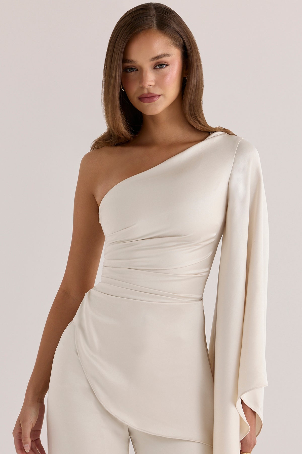Oyster Satin One Sleeve Asymmetric Draped Top