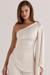 Oyster Satin One Sleeve Asymmetric Draped Top