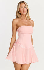 Penny Mini Dress - Strapless Corset Bodice Floral Embellished Godet Dress in Soft Pink