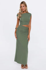Style Archive Off Shoulder Mesh Maxi Dress Olive