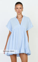 Calissa Mini Dress - Frill Hem Smock Dress in Light Blue