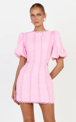 Laila Mini Linen Blend Dress - High Neck Side Cut Out Puff Sleeve Straight Dress in Pink