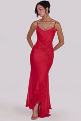 Red Hand Beaded Embellished Satin Maxi Dress - Limited Edition