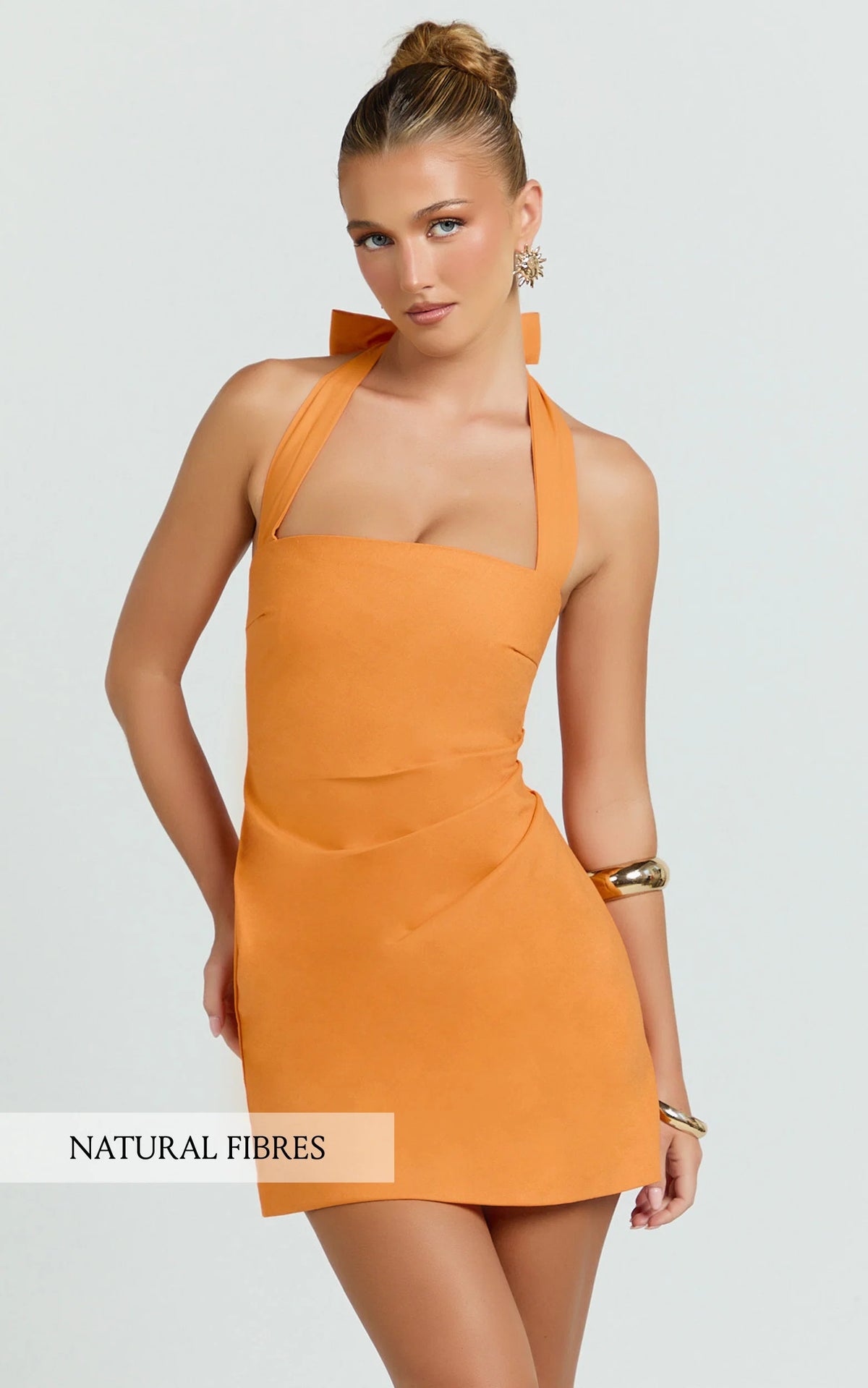Tamika Mini Dress - Halter Neck Gathered A Line Mini Dress in Orange